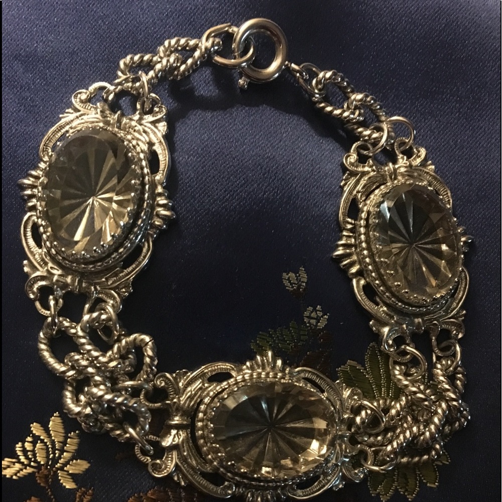 Silver tone smokey crystal bracelet